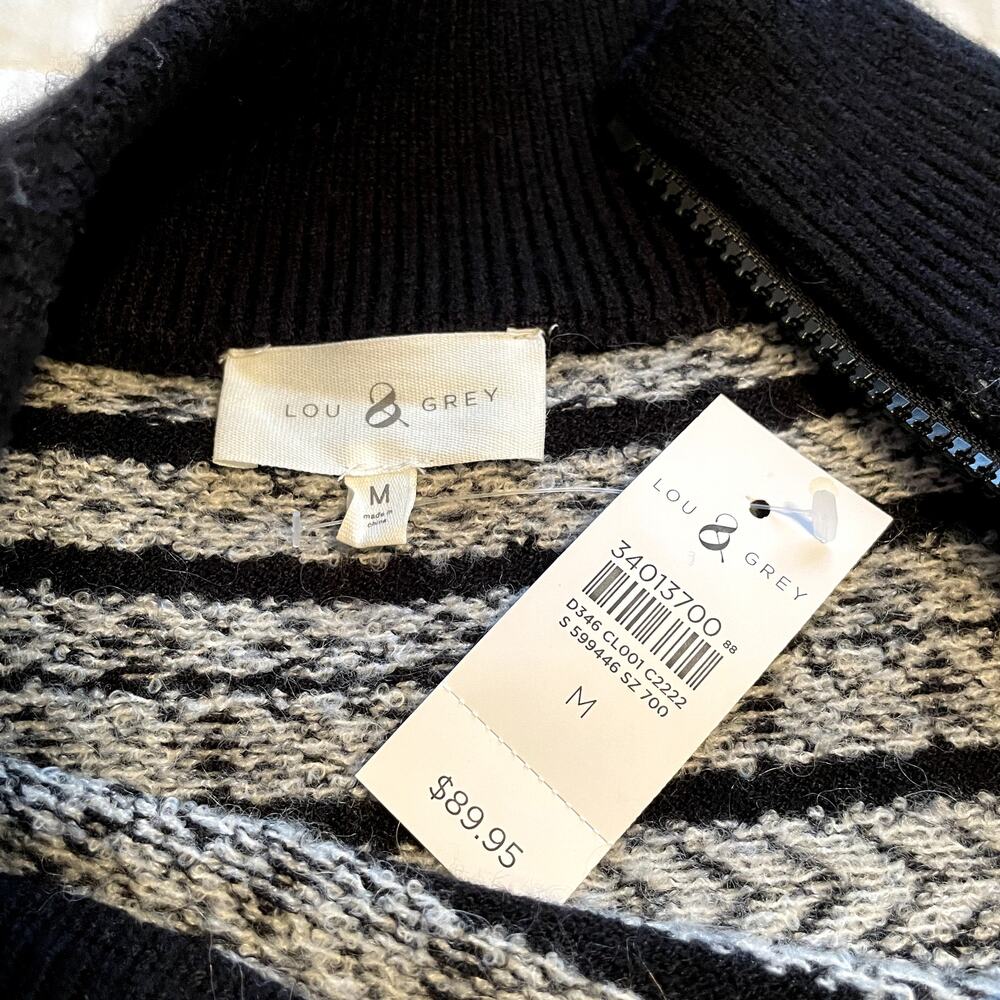 Lou & Grey Black White Fair Isle Mock Neck Asymmetrical Zip Sweater Womens Med - Picture 6 of 7